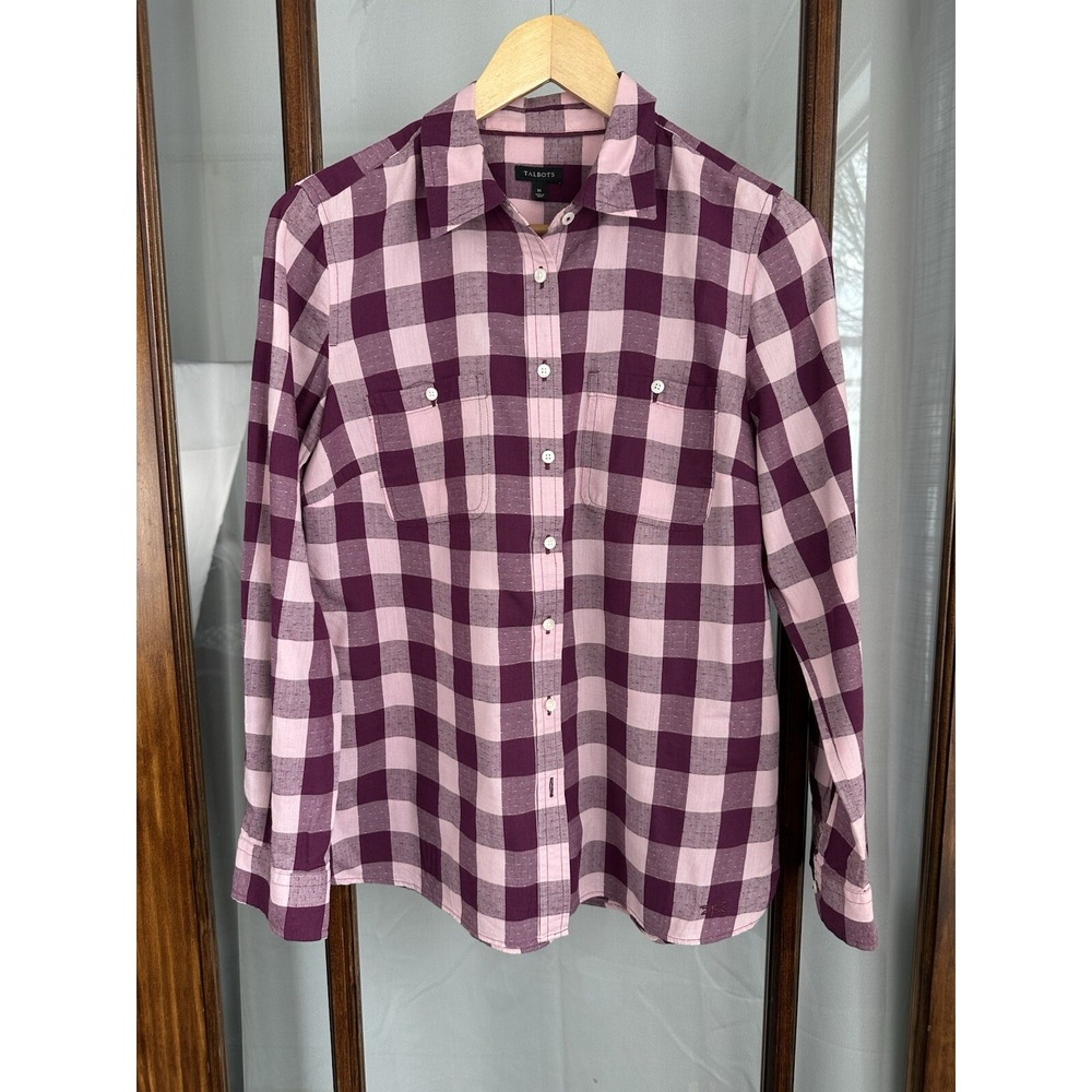 Talbots Medium Button-Up Shirt Purple Plaid Purple Roll Tab Sleeve Cotton Modal